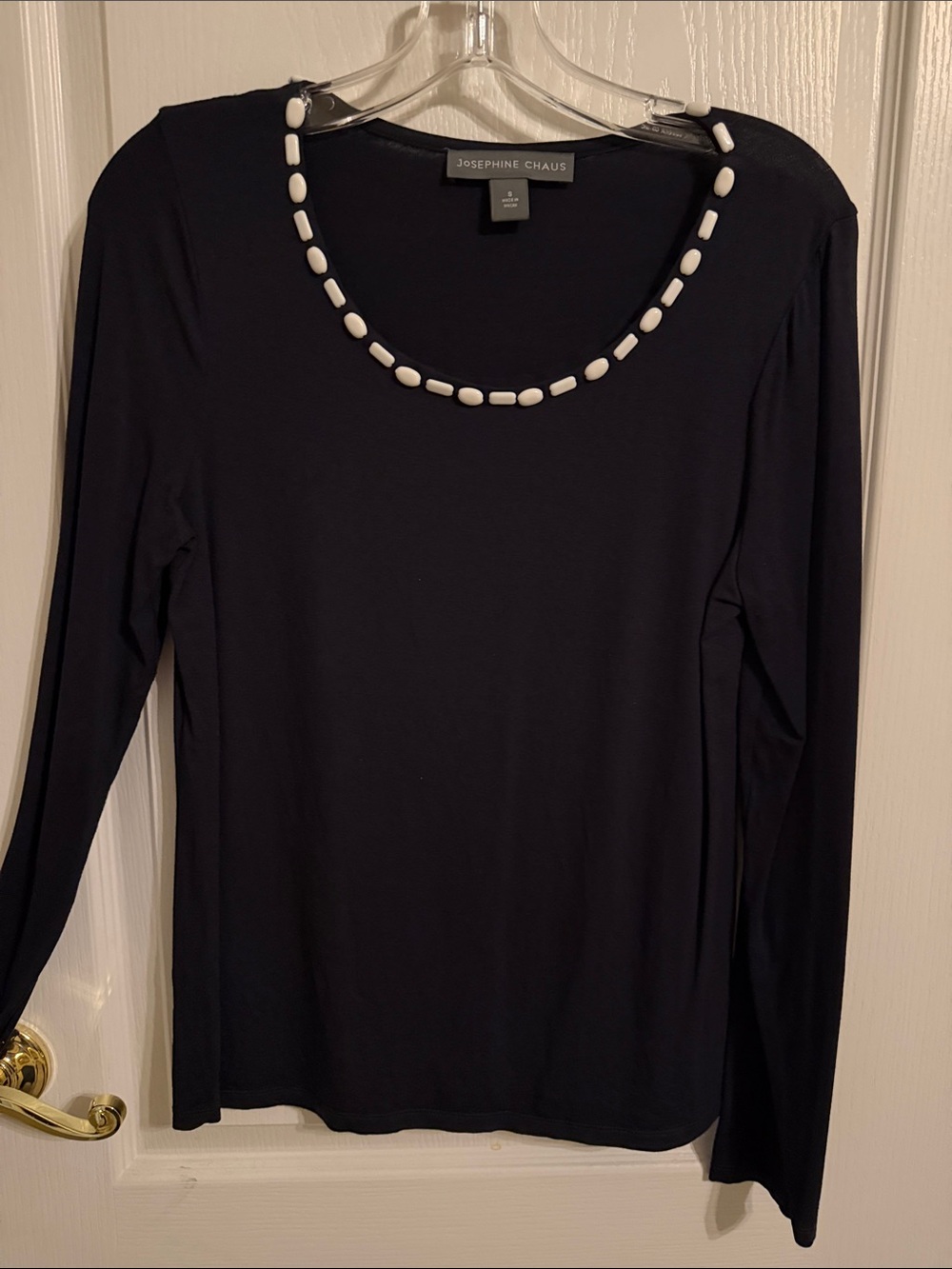 Josephine Chaus Black Long-Sleeve Scoop Neck Top with White Bead Trim